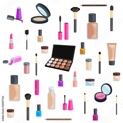 Sets of cosmetics on isolated background. Nail polish, mascara, lipstick, eye shadows,brush, powder, lip gloss. cosmetics background