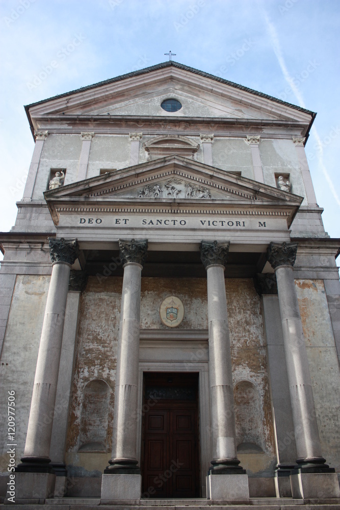 Chiesa San Vittore in Intra Verbania under blue sky, Piedmont Italy 