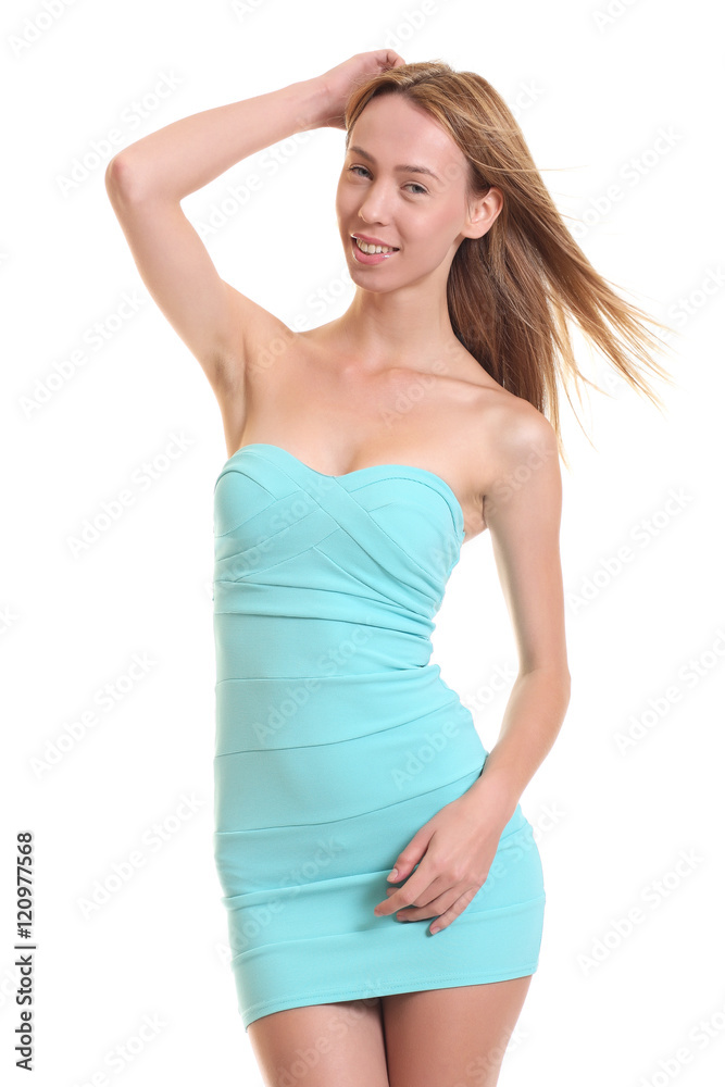 caucasian girl in blue dress isolated on white caucasian girl in blue dress isolated on white