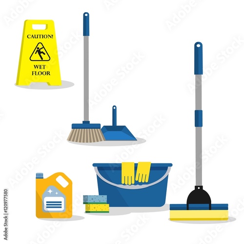 Cleaning time concept. There is a "Caution! Wet floor" sign and symbols of vector cleaning products isolated on a white background in the picture. It can be used for the websites, banners, magazines