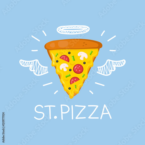 Pizza concept "St. Pizza"  with angel halo and wings. Flat and doodle vector isolated illustration