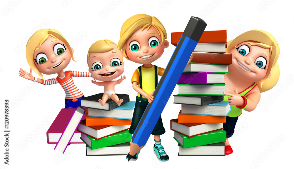 kid girl, kid boy and cute baby with Book stack and pencil kid girl, kid boy and cute baby with Book stack and pencil