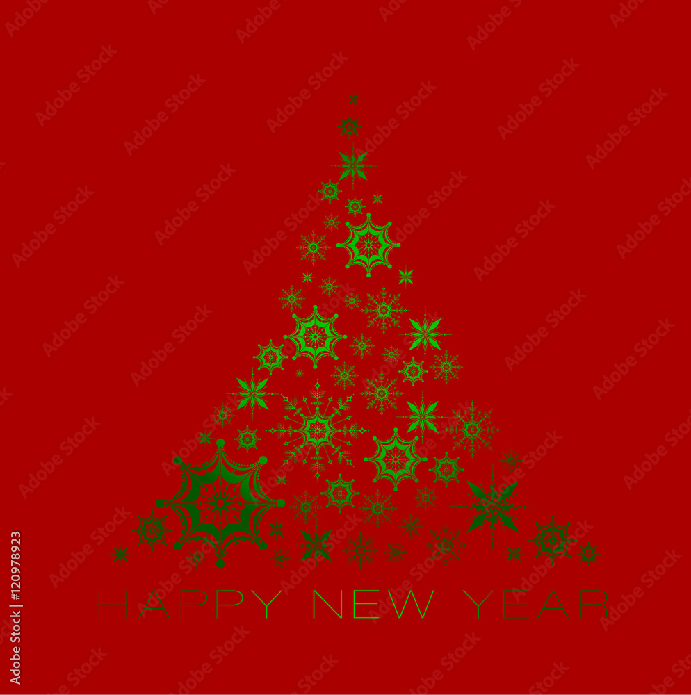 Christmas tree made of snowflakes on a white background. New Year card