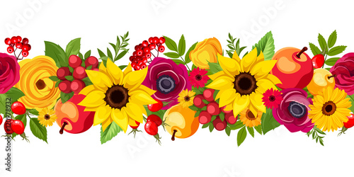 Vector horizontal seamless background with autumn colorful flowers, apples, berries and leaves.