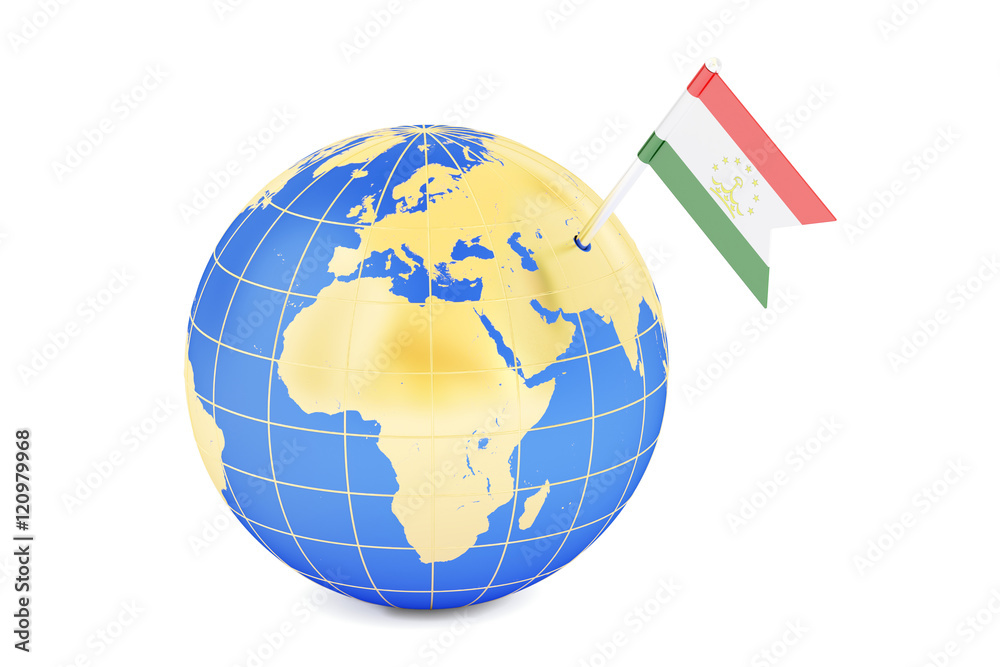 Tajikistan pin flag on globe map, 3D rendering
