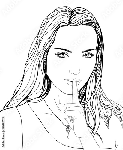 Drawn portrait young woman, finger on lips, key, secret girl
