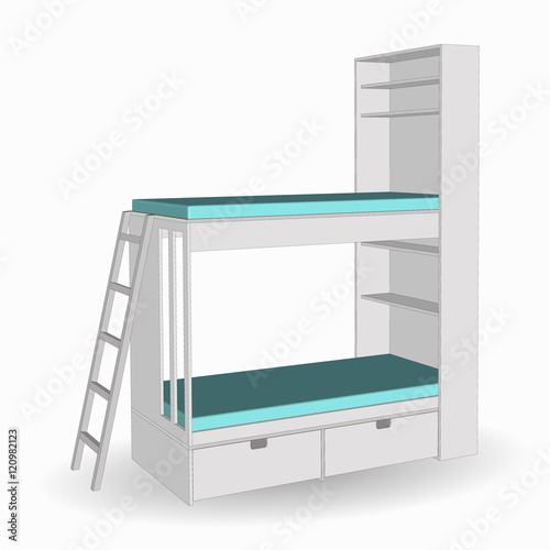 Children's furniture 3d. Side view. Baby bunk bed with ladder isolated. Vector illustration on a white background.