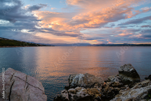 Tranquil coastal landscape in Croatia, Adriatic Sea. Europe. Exotic scenery at sunrise