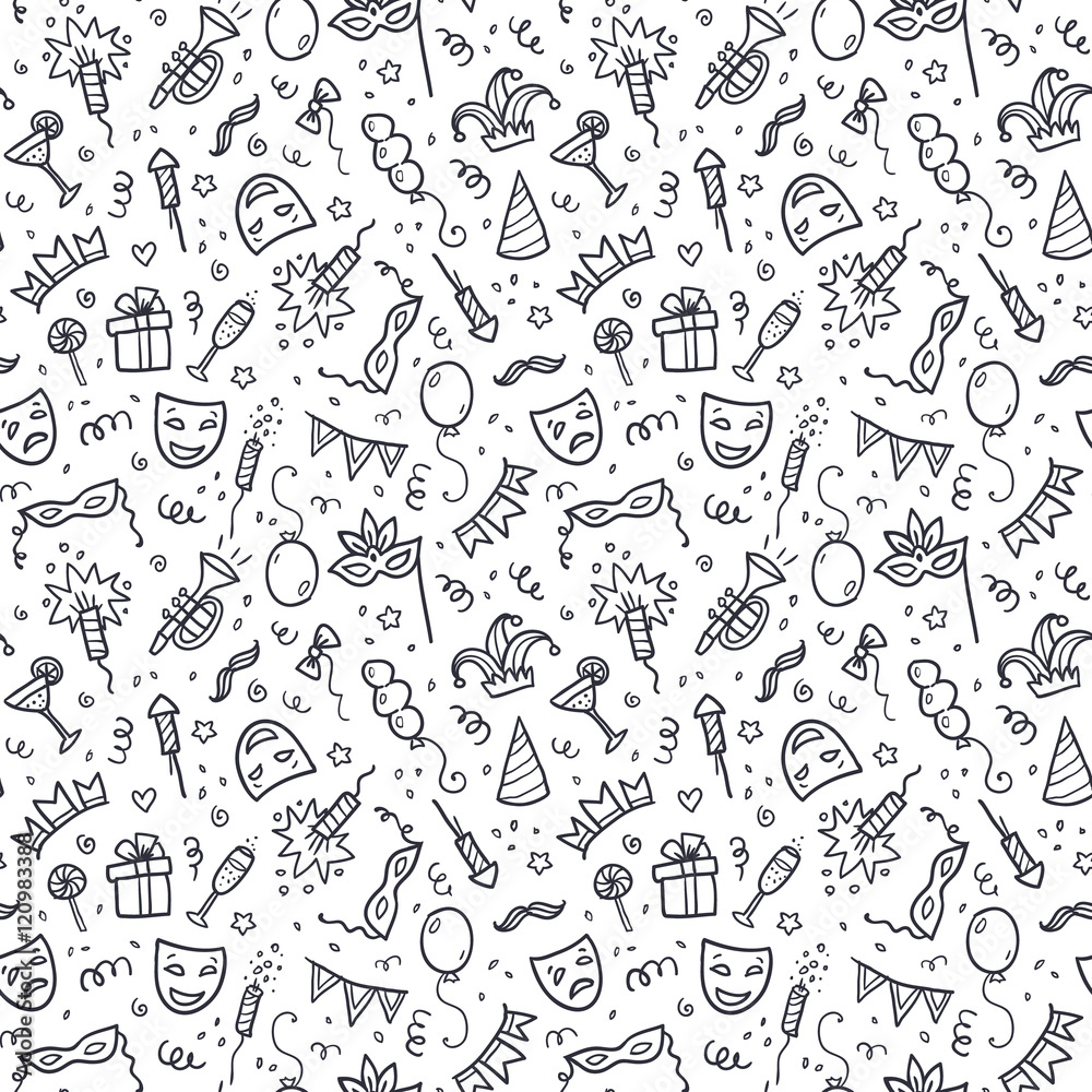Black carnival symbols in doodle style on white background, vector seamless pattern Black carnival symbols in doodle style on white background, vector seamless pattern