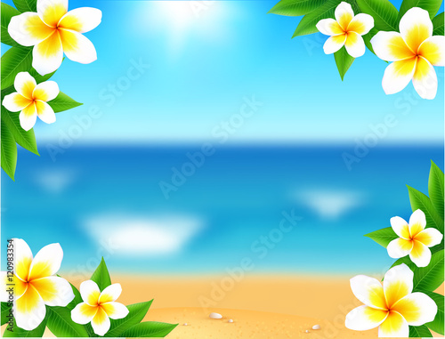 Blurred ocean waves vector tropical greeting card with frangipani flowers