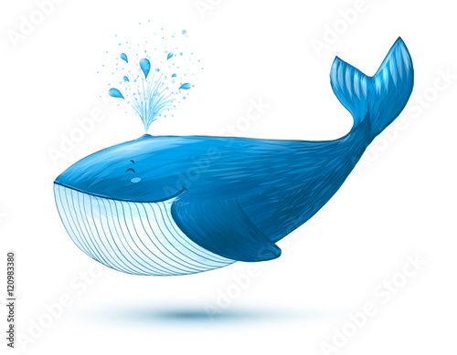 Hand drawn cartoon style blue vector whale isolated on white background