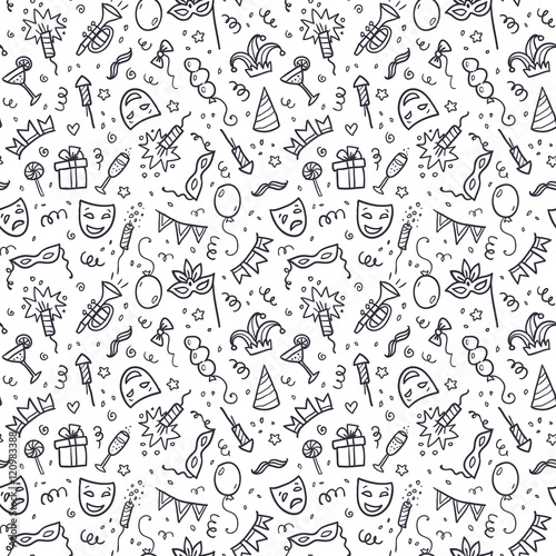 Black carnival symbols in doodle style on white background, vector seamless pattern