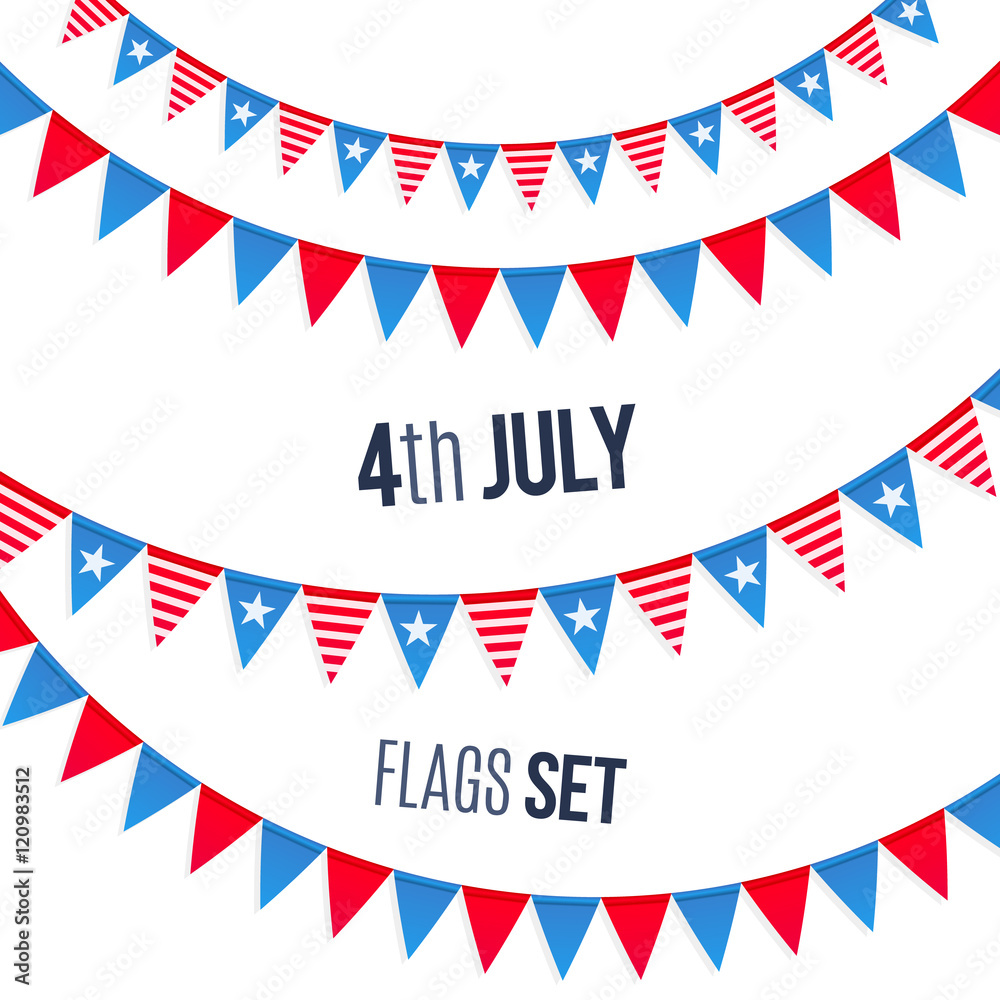 Fourth July USA Independence day vector triangular flags ropes set