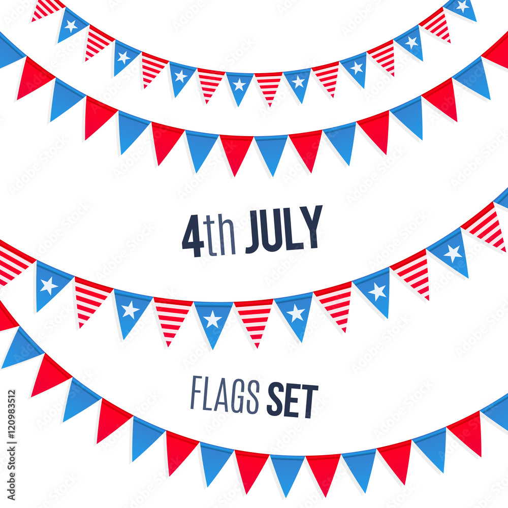 Obraz premium Fourth July USA Independence day vector triangular flags ropes set