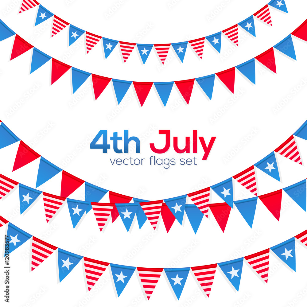 Fourth July USA Independence day vector triangular flags ropes set