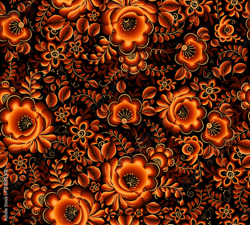 Orange floral seamless pattern on black background in Russian tradition hohloma style