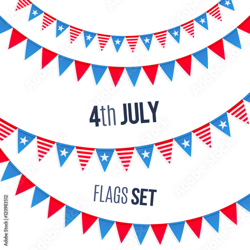 Fourth July USA Independence day vector triangular flags ropes set