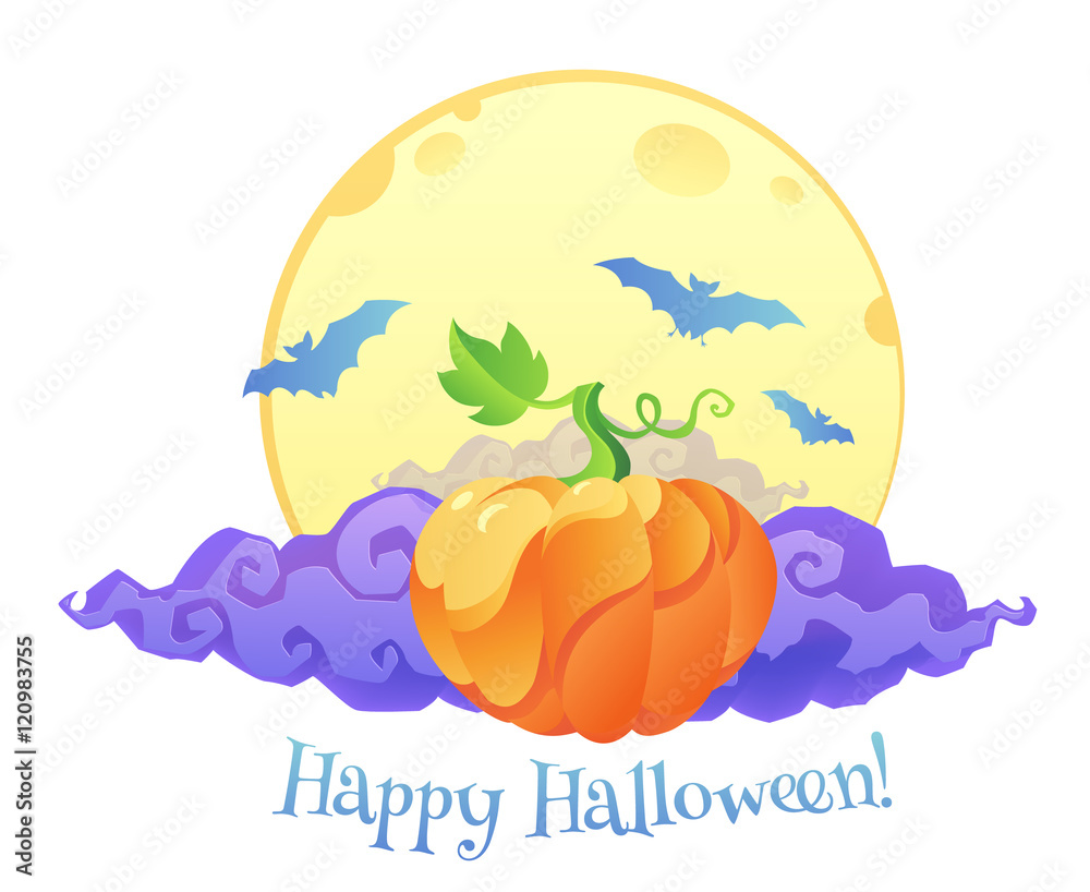 Violet clouds, yellow moon and blue bats silhouettes on dark background. Vector Halloween seamless pattern. Violet clouds, yellow moon and blue bats silhouettes on dark background. Vector Halloween seamless pattern.
