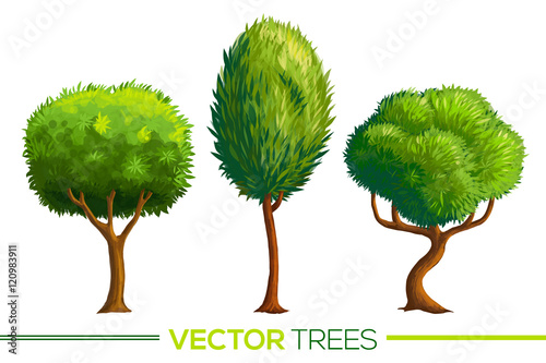 Green vector cartoon style trees set