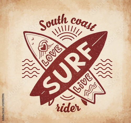 Red vector crossing surfing boards stamp with hand drawn sign Love, Live, SURF on grunge vintage background