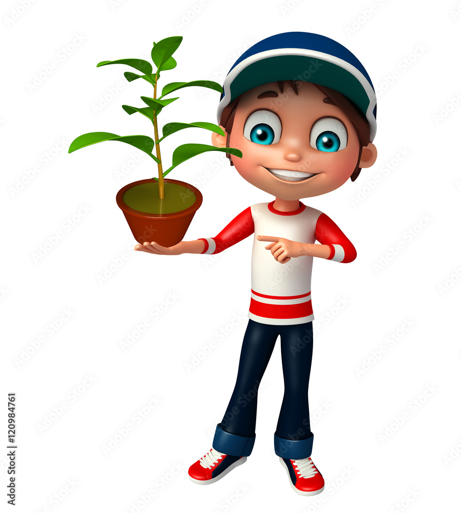 kid boy with plant