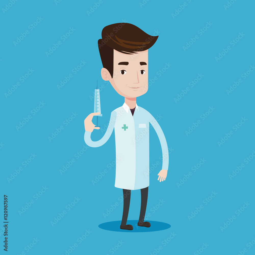 Doctor holding syringe vector illustration.