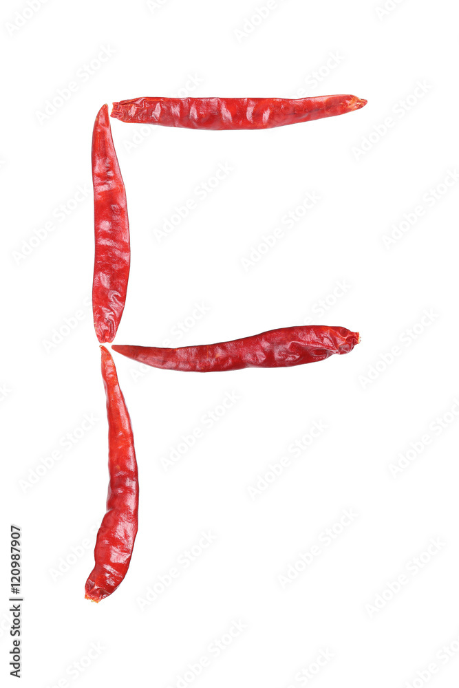 capital letter F by dry chili isolated on white capital letter F by dry chili isolated on white