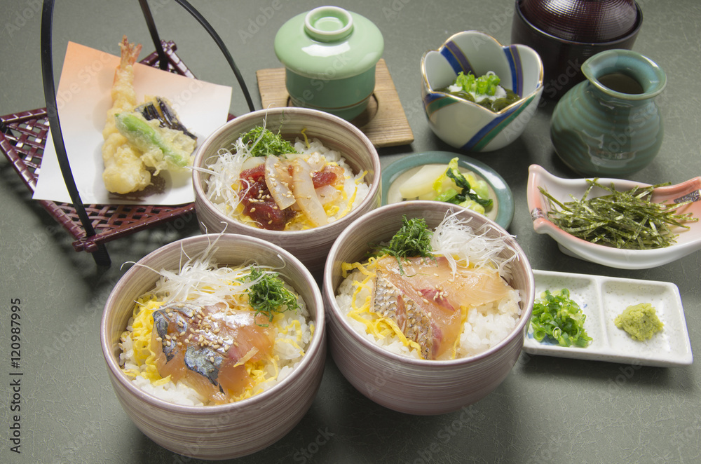 Seafood meal with rice tempura, fermented radish, wasabi and sar