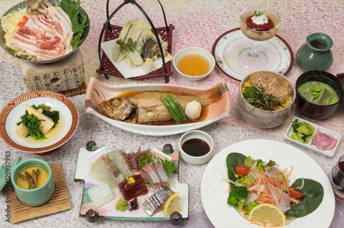 Spring Banquet Kaiseki meal with braised grouper, fresh suhi, mi