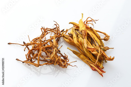 Dried herbal drugs of China on white background
