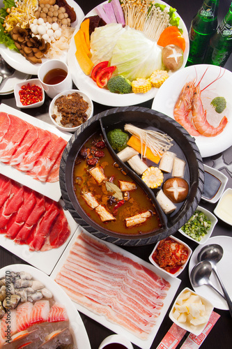 A special hot pot in Chinese style with beef  pork  seafood  mus
