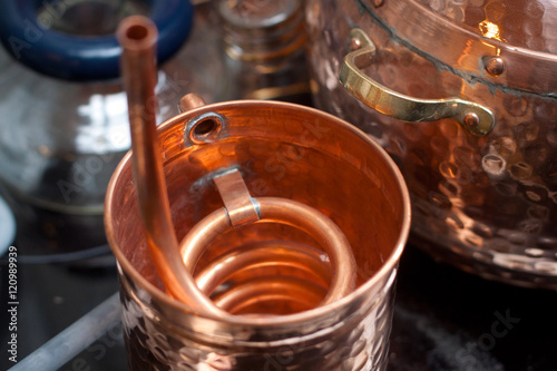 Copper accessories for distillation.