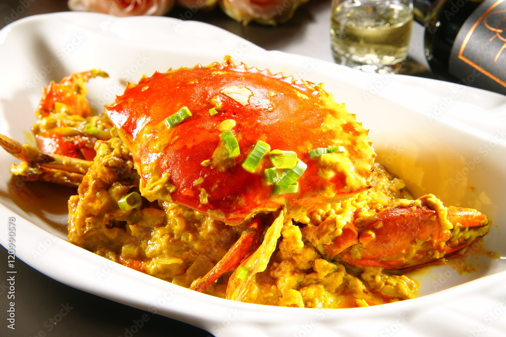 Special fried crab with sauces in chinese style on white plate Special fried crab with sauces in chinese style on white plate