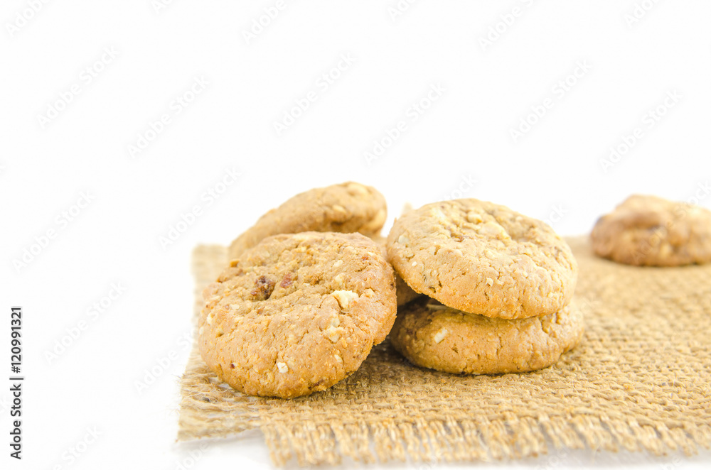 Extreme close-up image of chocolate chips cookies on white background
