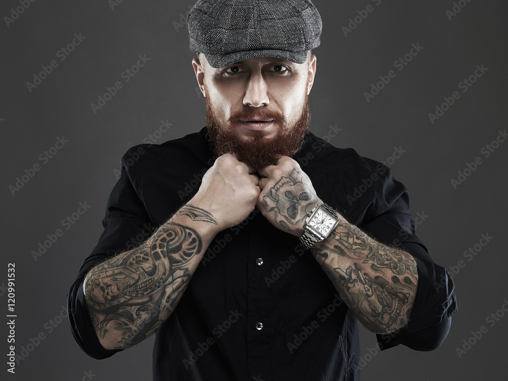 bearded man with  Hipster  handsome man in hat Stock  Photo | Adobe Stock
