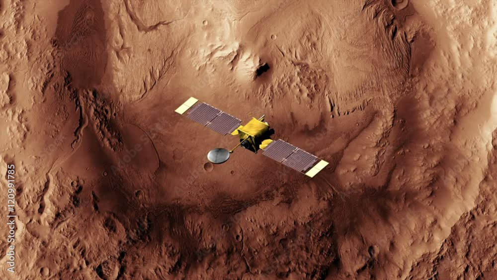 Top view of Surveyor spacecraft above Mars' Gale Crater. Elements of this image furnished by NASA