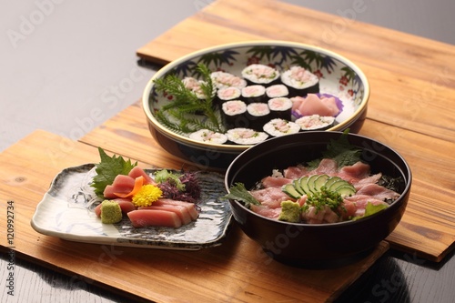 Tuna cuisine in Japanese style on wooden tray in restaurant