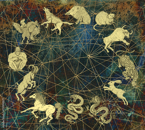 Mystic background with chinese zodiac animals and copyspace