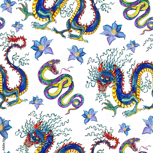 Seamless background with dragon  snake and flower