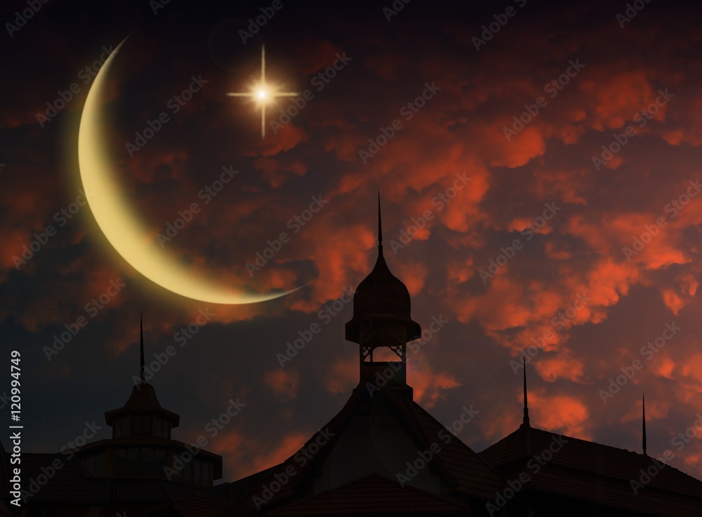 The beams of the sun lighting a mosque silhouettesilhouette in night sky with crescent moon   . ramazan mubarak card, Red roofs of houses at sunrise. The rooftop from a metal tile