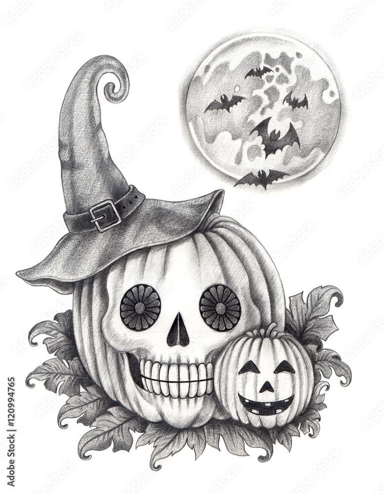 Skull Pumpkin Halloween Day Design By Hand Pencil Drawing On Paper 