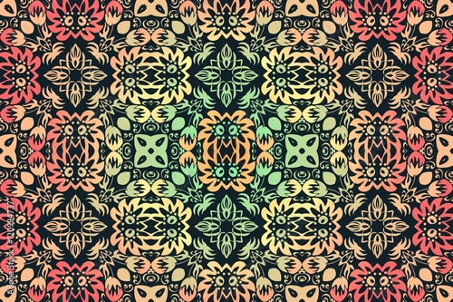 abstract floral color traditional ornament, folklore on a dark background