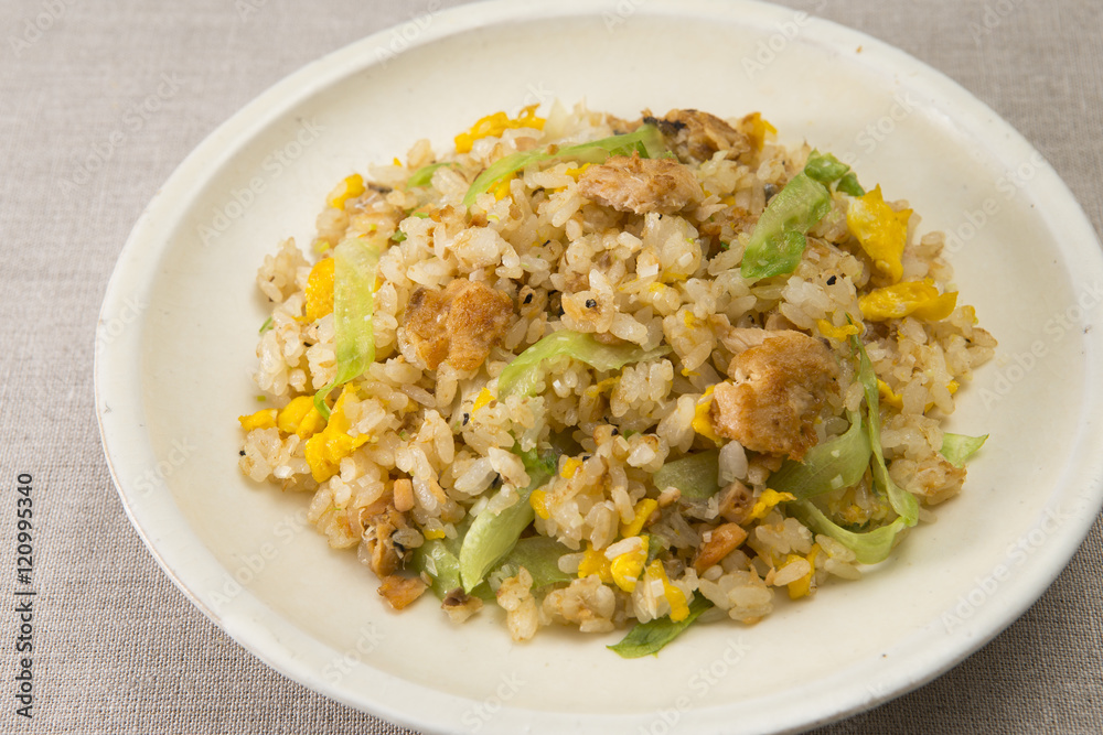 Fried rice with minced chicken and eggs on white plate Fried rice with minced chicken and eggs on white plate