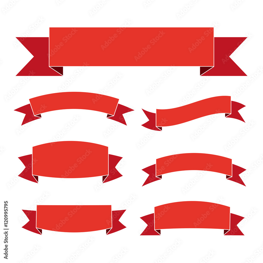 Red ribbon banners set. Beautiful blank for decoration graphic. Old vintage style Flat design. Premium decorative elements isolated on white background. Template collection labels Vector illustration Red ribbon banners set. Beautiful blank for decoration graphic. Old vintage style Flat design. Premium decorative elements isolated on white background. Template collection labels Vector illustration