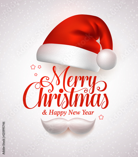 Merry christmas title typography vector concept in red with christmas hat and santa white beard in a white snow background. Vector illustration
