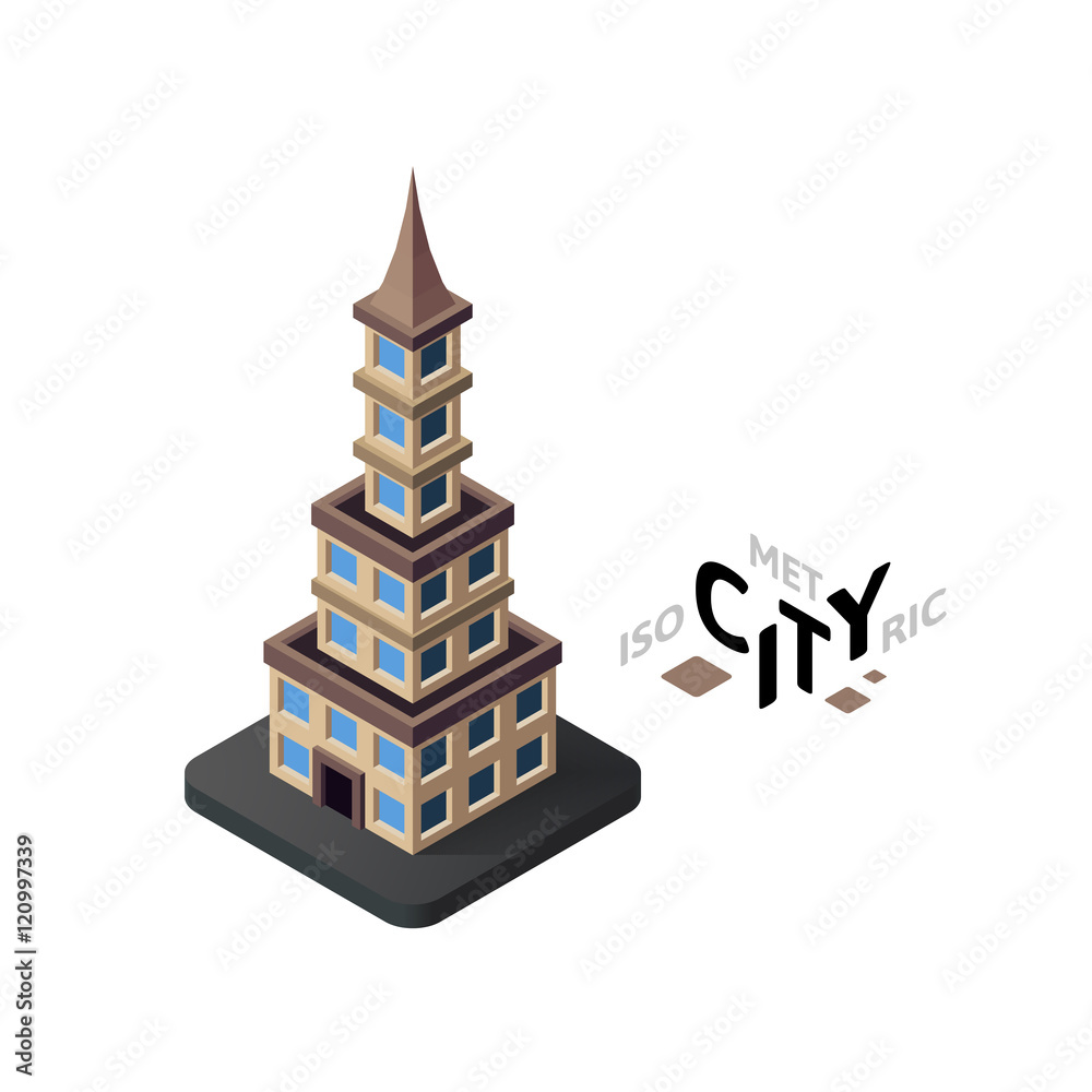 Isometric urban tower icon, building city infographic element, vector illustration