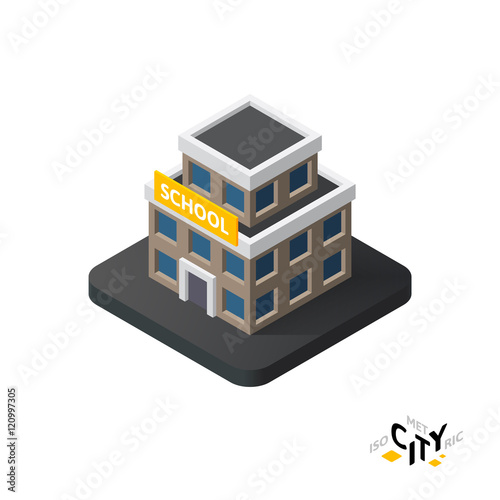 Isometric school icon, building city infographic element, vector illustration