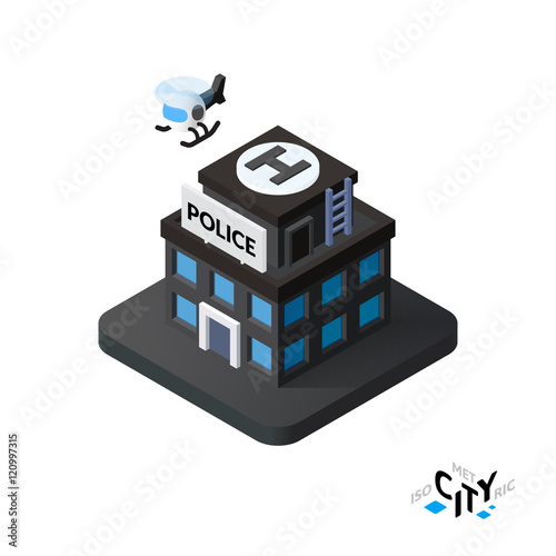 Isometric police station icon, building city infographic element, vector illustration