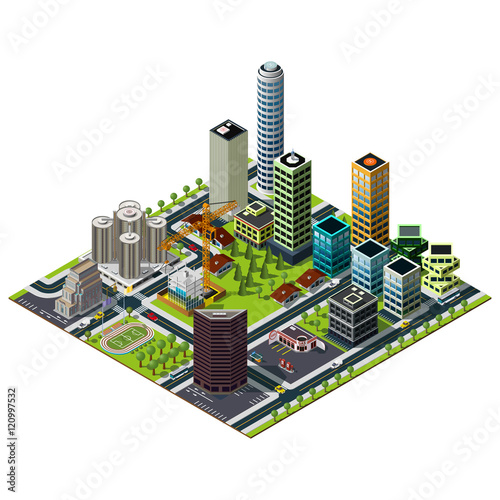 Isometric hotel building. Bank street in downtown. Constraction,  central studium and skyscrapers illustration.