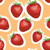 Pattern of realistic image of delicious big strawberries different sizes. Orange background